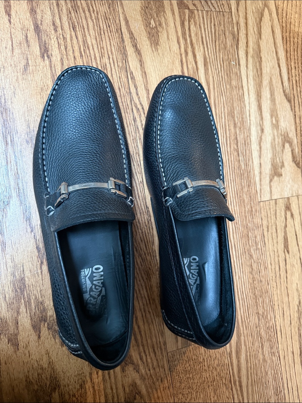 Salvatore Ferragamo Black Pebbled Leather Bit Loafers with Silver Hardware